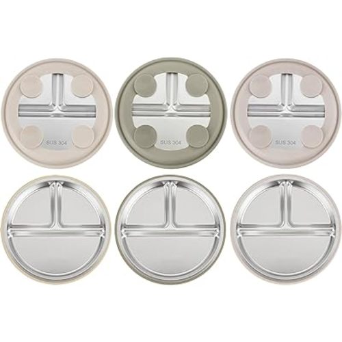 PandaEar 3 Pack Stainless Steel Baby Suction Plates, Divided Toddler Plate for Baby Led Weaning Supplies, Non-Slip Toddler Baby Feeding Set Dishwasher Safe (Linen Brown Tan)