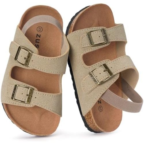 ZUSERIS Kids Toddler Sandals Boys Girls Cork Footbed Slides Double Buckle Suede Leather Slippers Summer Comfort Non-Slip Flat for Indoor Outdoor with Adjustable Straps