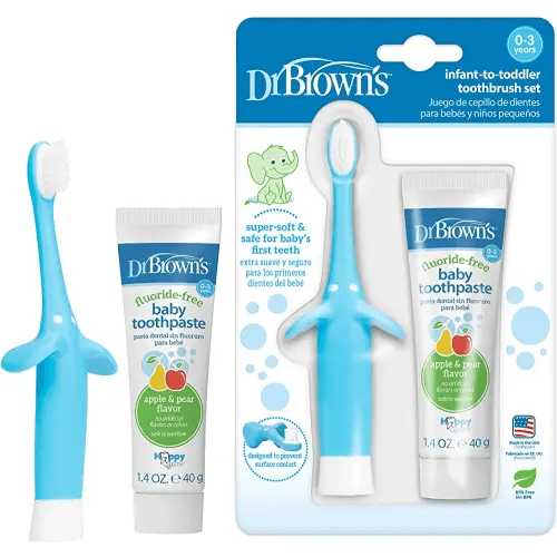 Dr. Brown’s Infant-to-Toddler Training Toothbrush Set, Blue Elephant with Fluoride-Free Apple Pear Baby Toothpaste, 0-3 years