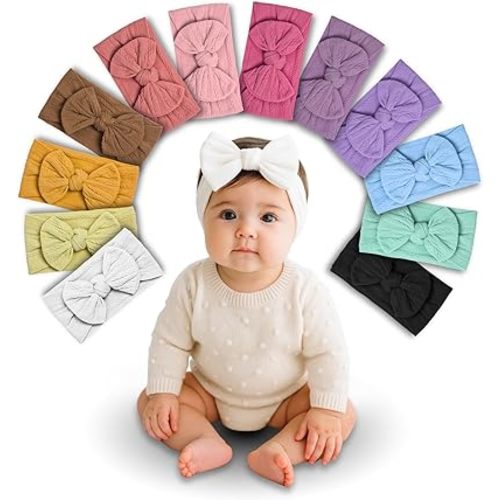 Baby Girl Headbands Set – 12 Pack Ribbed Nylon Bows – Soft & Stretchy Newborn to Toddler Turbans – No Mark, Non-Slip, Textured Design Hair Accessories for Infant Girls