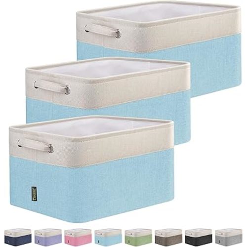 BALEINE 3 Pack Fabric Storage Bins for Shelves, Linen Storage Baskets for Organizing, Decorative Closet Bins for Clothes, Home (Skyblue, 15''x11''x9.5'')