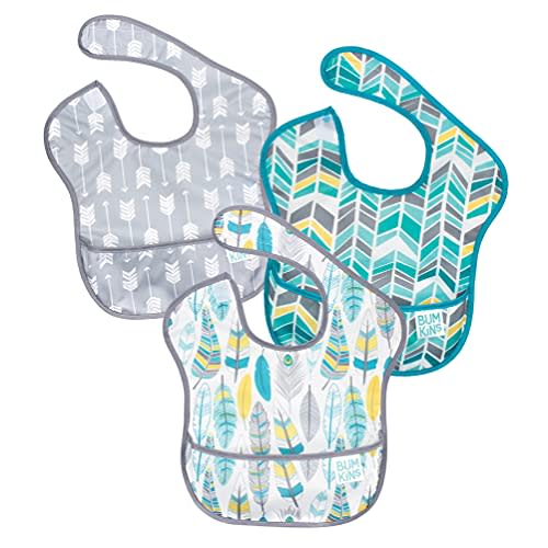 Bumkins Bibs for Girl or Boy, SuperBib Baby and Toddler for 6-24 Months, Essential Must Have for Eating, Feeding, Baby Led Weaning Supplies, Mess Saving Catch Food, 3-pk Feathers, Arrows and Quill
