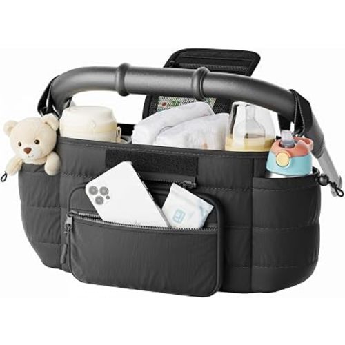 Stroller Caddy with Cup Holder & Detachable Phone Bag, Black