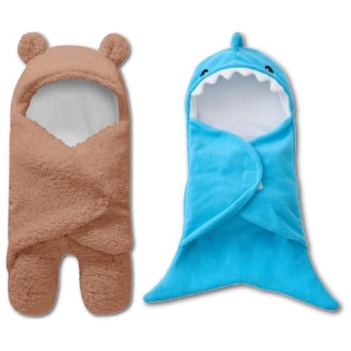 BlueMello Bear Swaddle Blanket & Shark Swaddle Blanket Bundle | Ultra-Soft Plush Essential for Infants 0-6 Months | Ideal Newborn Registry and Toddler Boy Accessories| Perfect Baby Girl Shower Gift