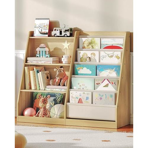 CHOEZON 4-Tier Wooden Kids Bookshelf, Toddler Bookshelf with 6 Layer Fabric Sling Book Shelf, Kids Book Shelves and Toy Storage, for Kids Room, Playroom, Nursery, Classroom, Natural and White MCW05NL