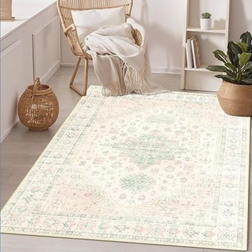 MUJOO 3x5 Rug Washable,Boho Area Rug for Bedroom Entryway Living Room Bathroom,Small Non Slip Indoor Throw Carpet Low Pile Light Pink and Green