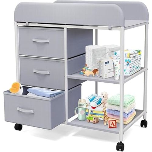 Baby Changing Table, Portable Changing Table, Diaper Changing Station with Waterproof Pad, Changing Table Dresser with 3 Storage Baskets, Mobile Nursery Organizer for Newborn Essentials