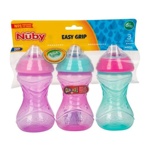 Nuby 3pk Clik-It Soft Spout Cup - Purple/Pink/Aqua - 10oz: Spillproof Sippy Cups, Includes Lids, Portable Drinkware