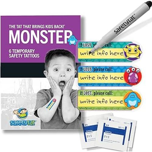 Monster 6pk SafetyTat Child ID Tattoos includes skin prep wipes and tattoo marking pen