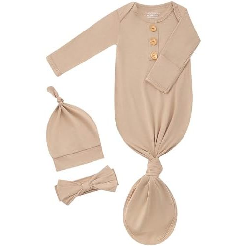 Newborn Knotted Gown Set, Soft Breathable Baby Sleep Gown with Hat & Headband for Boys Girls