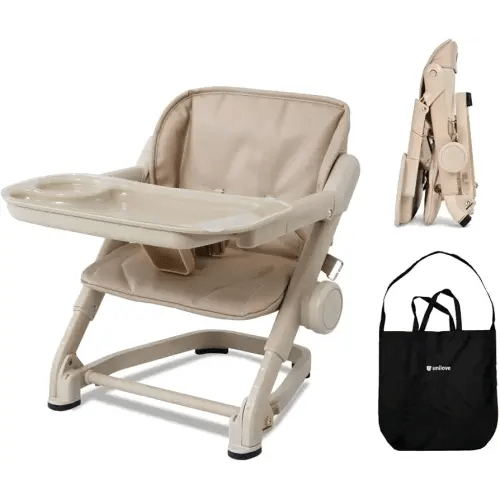 Feed Me 3-in-1 Travel High Chair Booster Seat for Infants and Toddlers - Transitional, Compact & Fits Any Chair, Swivel Tray, Milk Tea