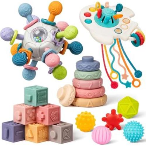 Baby Toys 6 to 12 Months, 5 In 1 Montessori Toys for 1 Year Old, Incl Travel Pull String Toy & Rattle Teether & Stacking Baby Block & Soft Infant Ring