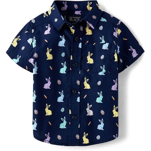 The Children's Place,Baby Boys,and Toddler Poplin Short Sleeve Button Down Shirt,Tidal Bunny,6 Months,9 Months