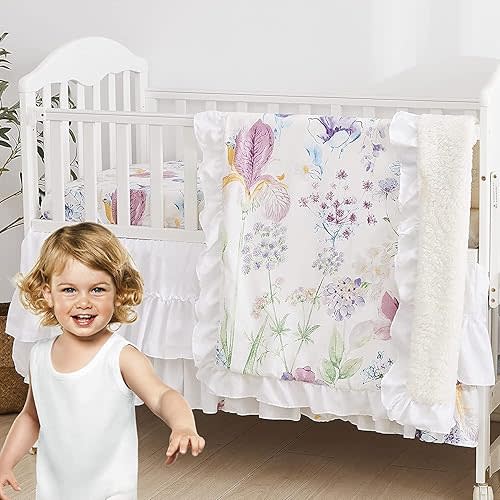 Brandream Wildflower Butterfly Crib Bedding Sets for Girls Farmhouse Baby Nursery Bedding Blanket Set Romantic Purple White, 6 Pieces