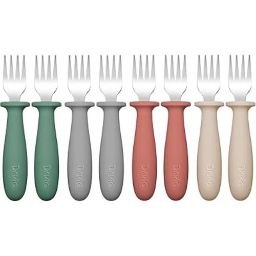 DRKIO 8 Pieces Toddler Forks Set - Baby Forks with Silicone Handle Children safe 18/8 Stainless Steel Toddler Utensils Set for Self Feeding Kids Silverware Anti-Choke Design Food Grade Dishwasher Safe