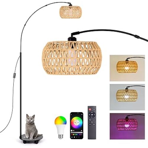 RGB Arc Floor Lamp with 3 Color Temperatures, Dimmable Rattan Boho Standing Lamp, APP and Remote Control, Modern Tall Lamp for Reading, Living Room, Bedroom, Office, Black