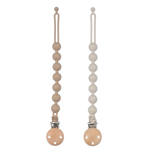 Dirbabi Silicone Pacifier Clips for Baby, 2-in-1 One Piece Design Pacifier Holder & Teething Ring Toy, BPA Free, 2 Pack (Sand+Light Grey)