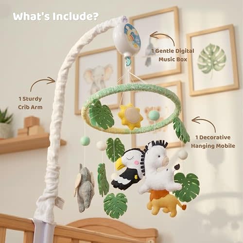 Jungle Safari Baby Mobile for Crib | Handmade Felt Elephant Zebra Lion Toucan Crib Mobile for Baby | Rotating Musical Mobile with 12 Lullabies | Safari Nursery Decor Gift (Crib Mobile Set)