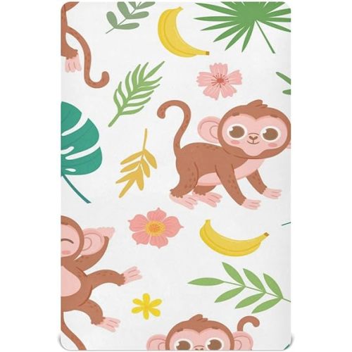 Cute Monkeys Fitted Crib Sheet for Boy Girls, Soft Breathable Baby Nursery Bedding Sheet for Standard Crib Mattress, 27 x 39 Inch