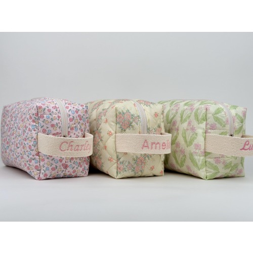 Personalized Quilted Cosmetic Bag, Custom Makeup Bag, Floral Travel Toiletry Bag, Pencil Pouch, Bridesmaid Gifts, Handmade, Name Embroidery