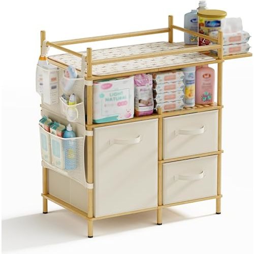Amazer Baby Changing Table, Bamboo Baby Dresser Table with Flat Top, Diaper Changing Station with 3 Removable Storage Drawers, Large Storage Nursery Organizer Shelves with Pad, Mesh Pocket