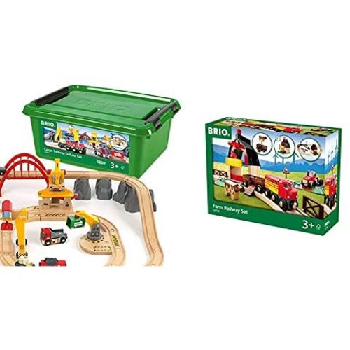 BRIO 33097 Cargo Railway Deluxe Set | 54 Piece Train Toy with Accessories and Wooden Tracks for Kids Age 3 and Up,Multi & 33719 Farm Railway Set | Toy Train Set for Kids Age 3 and Up,Green