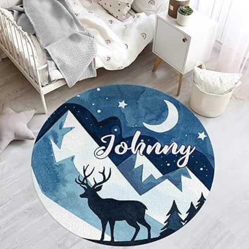 Customized Deer Nursery Rugs with Baby Name, Personalized Blue Toddler Area Rugs for Boys Gifts, Custom Name Baby Playing Mat with Non-Slip Backing for Kids