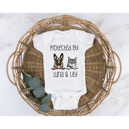 Baby Shower Gift, Protected by Pets Onesie®, Custom Dogs and Cats Onesie®, Personalized Baby Gift, Custom Dog and Cat Breeds, Baby Gift. - Etsy