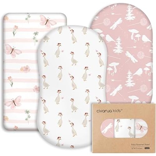 Baby Bassinet Sheets 3 Pack - Stretch Bassinet Crib Sheets for Baby Boys and Girls, Universal Bassinet Sheets Fitted for Hourglass Oval and Rectangle Pad/Mattress, Pink Butterfly