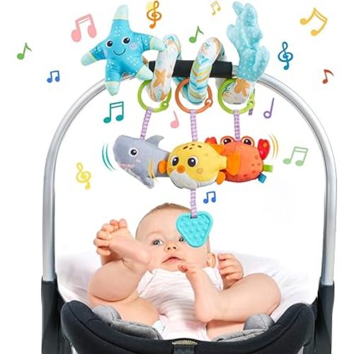 Jollybaby Crib Stroller Car Seat Toys for Baby 0-3-6-9-12 Months, Tummy Time Hanging Sensory Toys for Newborn with Music Box and Teether, Spiral Carseat Toy for Infant Boys Girls Gifts (Blue)