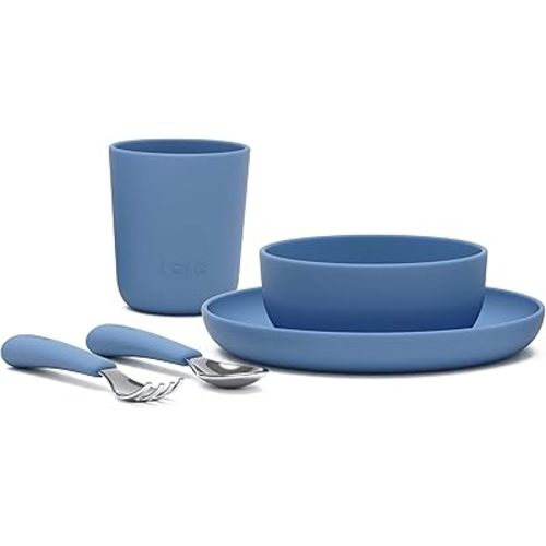 Lalo Big Bites Kids Dinnerware Starter Set - Dishwasher Safe, BPA Free, Kids Tableware Set - Includes Stackable Bowl, Plate, Utensils & Cup - 5 Pieces - Blueberry