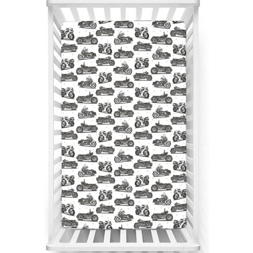 Motorcycle Themed Fitted Crib Sheet,Soft Toddler Mattress Sheet Fitted - Baby Crib Sheets for Girl or Boy,White Black Grey,28“ x52“