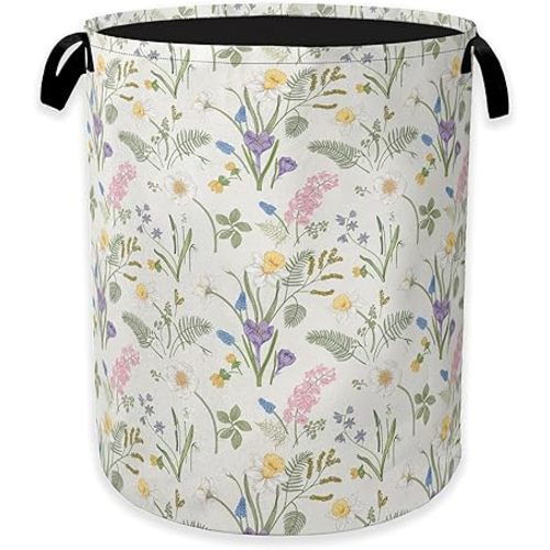 Collapsible Laundry Basket,Wildflower Dirty Clothes Hamper,Colorful Floral Leaves Hampers for Bedroom Waterproof Oxford Cloth Storage Organizer for Bathroom,Nursery,Dorm,16x20 Inch
