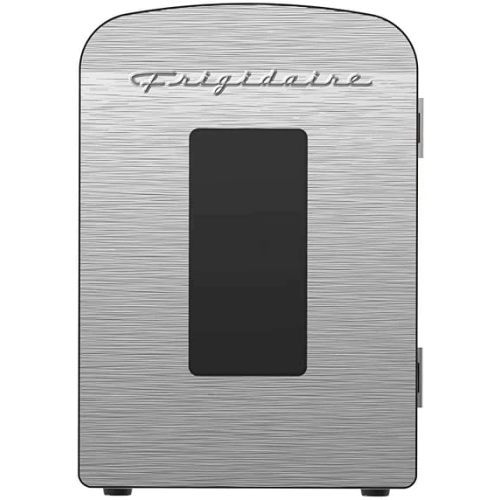 Frigidaire Portable 9-Can Mini Cooler Fridge, 5L, Brushed Stainless Rugged, Window, EFMIS189-SS, Clear Door, Glass