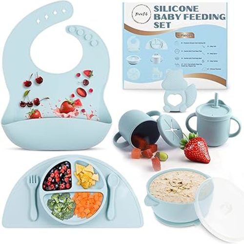Toddler Plates and Bowls Set, Silicone Baby Feeding Set – Baby Eating Set, Baby Plates & Bowls Set, Suction Plates for Baby, Spill-Proof Sippy Cup, Soft Bib & Utensils, Plates for Babies 6-12 months