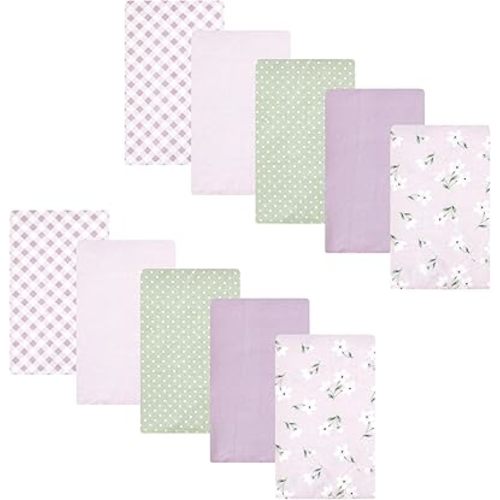 Hudson Baby Unisex Baby Cotton Flannel Burp Cloths, Purple Dainty Floral 10 Pack, One Size