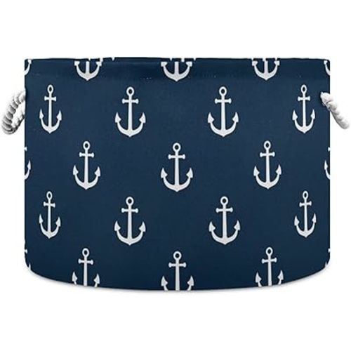 Navy Blue Anchor Icon Round Storage Basket Ocean Marine Theme Large Laundry Hamper Collapsible Organizer Bin Blanket Tote Bag for Bedroom Bathroom Nursery Living Room Decoration 20x14 Inches