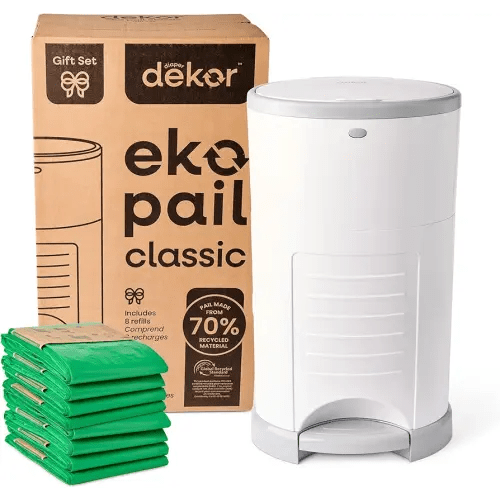 Diaper Dekor EKO Classic Diaper Pail Gift Set, White | ONLY Eco-Friendly Diaper Pail Made with 70% Recycled Materials | Comes with up to a Year's Supply Worth of Diaper Dekor Refills!