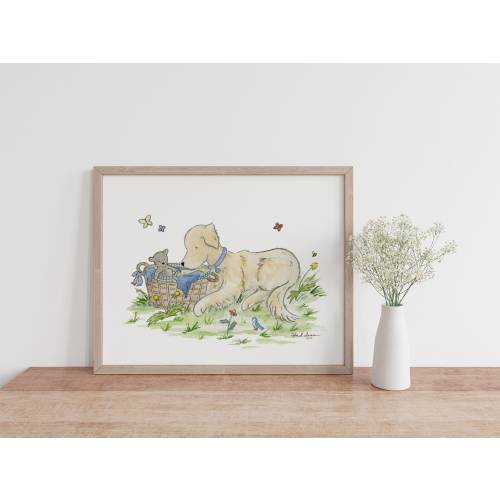 Golden Retriever Art, Nursery Print, Golden with Baby, Watercolor Dog Print, Dog Nursery Decor, Dog Wall Art, Children's Art, Nursery Art