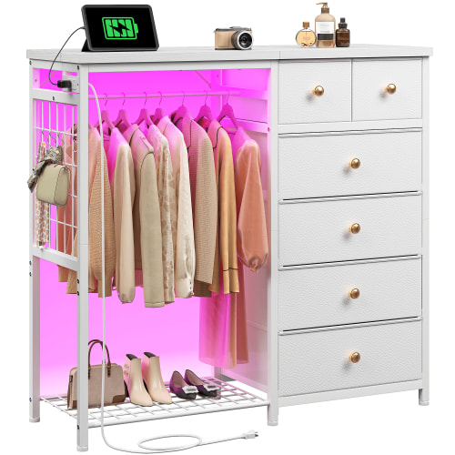 Romorgniz Fabric Dresser for Bedroom with Hanging Rack 6 Drawers Dresser & Chest of Drawers with Charging Station & LED Lights, White