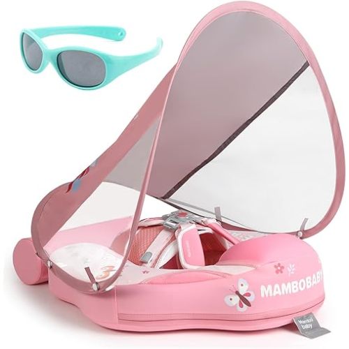 Big Buoyancy and Comfort Mambobaby Float with Canopy and Tail New Upgraded Non-Inflatable Baby Pool Float Mambo Float Swim Trainer Solid Infant Swim Float Adjustable Pearl Foam Baby Swim Ring