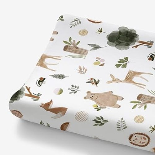 HawSkgFub Boho Woodland Animals Changing Pad Cover for Baby Girls Boys, Natural Forest Bear Deer Fox Diaper Change Table Covers, Soft Stretchy Safe Snug Fitted Changing Mat Sheets Fit 32"/34" x 16"
