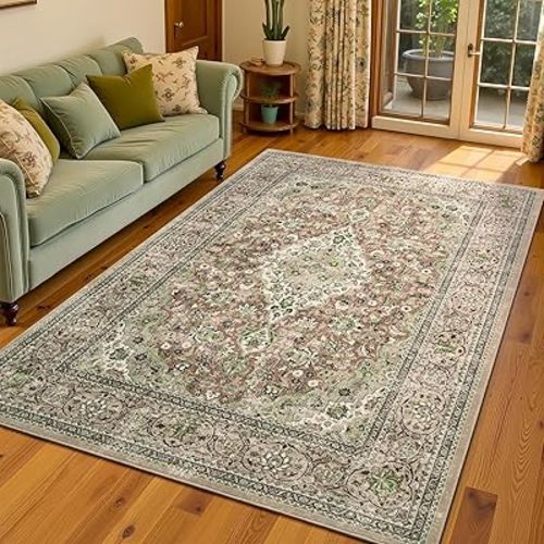 4x6 Green Washable Boho Area Rug for Bedroom, Vintage Floral Non Slip Living Room Rugs, Soft Low Pile Indoor Mat, Aesthetic Pattern Carpet for Kitchen, Dining Room and Bedside