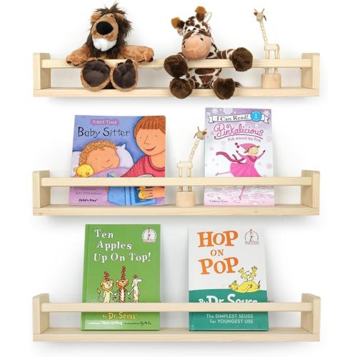 Nursery Book Shelves for Wall, 23.6 Inch Solid Wood Floating Nursery Bookshelf, Wooden Floating Shelves for Toys and Decor Storage, 23.6 Inch Set of 3 Natural Wood
