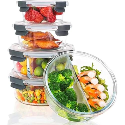 Moretoes 10pc Glass Food Storage Container with Lid, Gray Round Single and 2 Compartment Glass Meal Prep Containers, Airtight Glass Lunch Boxes for Leak Proof, Microwave, Oven, Freezer, Dishwasher
