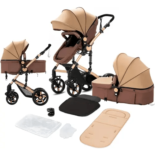 2 in 1 Baby Stroller with Bassinet, Reversible Newborn Foldable Pram, Infant High Landscape Pushchair, Portable Standard Stroller, Reclining Buggy, Baby Carriage (2US588-Khaki)