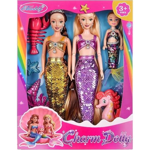 ebuddy Mermaid Princess Dolls Playset -2 Large 11.5 inch Mermaid Dolls & 1 Small Doll with Reversible Sequin Tails, Tiara, Ocean Accessories