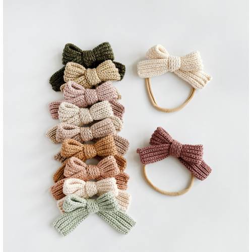 knitted cotton bow on elastic nylon headband newborn baby matching | Knit bows