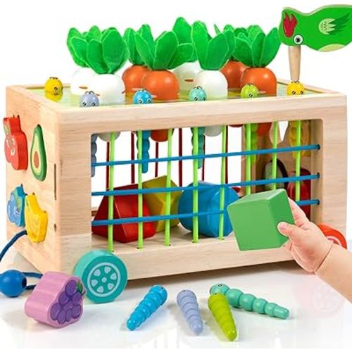 Winique Wooden Montessori Toys for 1 2 Year Old, 6-in-1 Baby Toys 12-18 Months Shape Sorter Educational Toys, 1st Birthday Christmas Easter Gift Sensory Toys Carrot Harvest Game