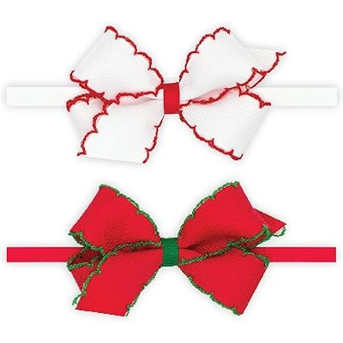 Wee Ones Girls' Gift Pack of Two Mini Moonstitch Grosgrain Bows on Skinny Nylon Head Bands, Mini, Whr/Rdg